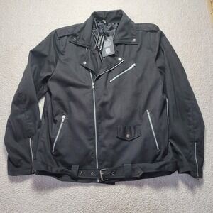Mens Black Denim Twill Asymmetrical Zip Belted Moto Biker Jacket XL New
